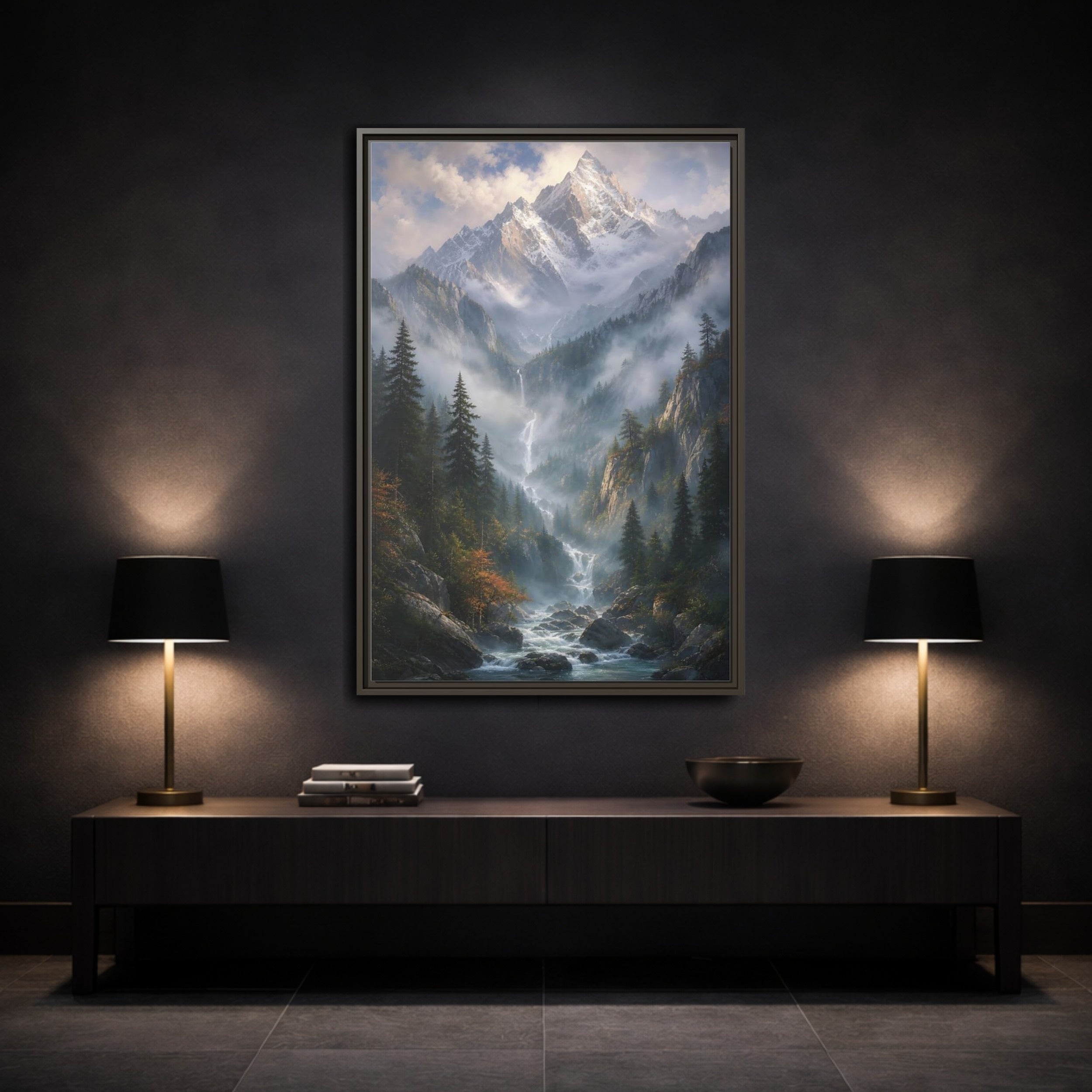Mockup 3. Nature Mountain Valley Misty Mountain River shown as stretched canvas wall art
