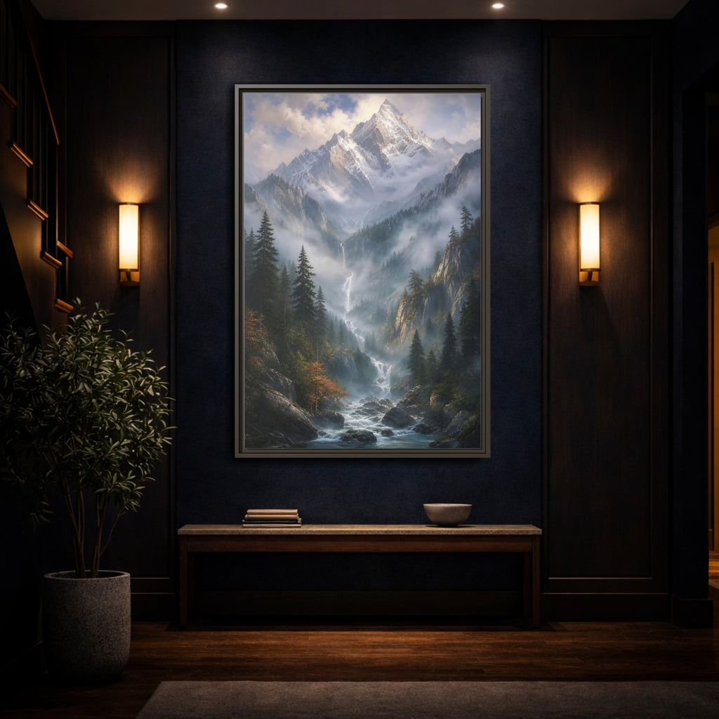 Mockup 4. Nature Mountain Valley Misty Mountain River shown as stretched canvas wall art