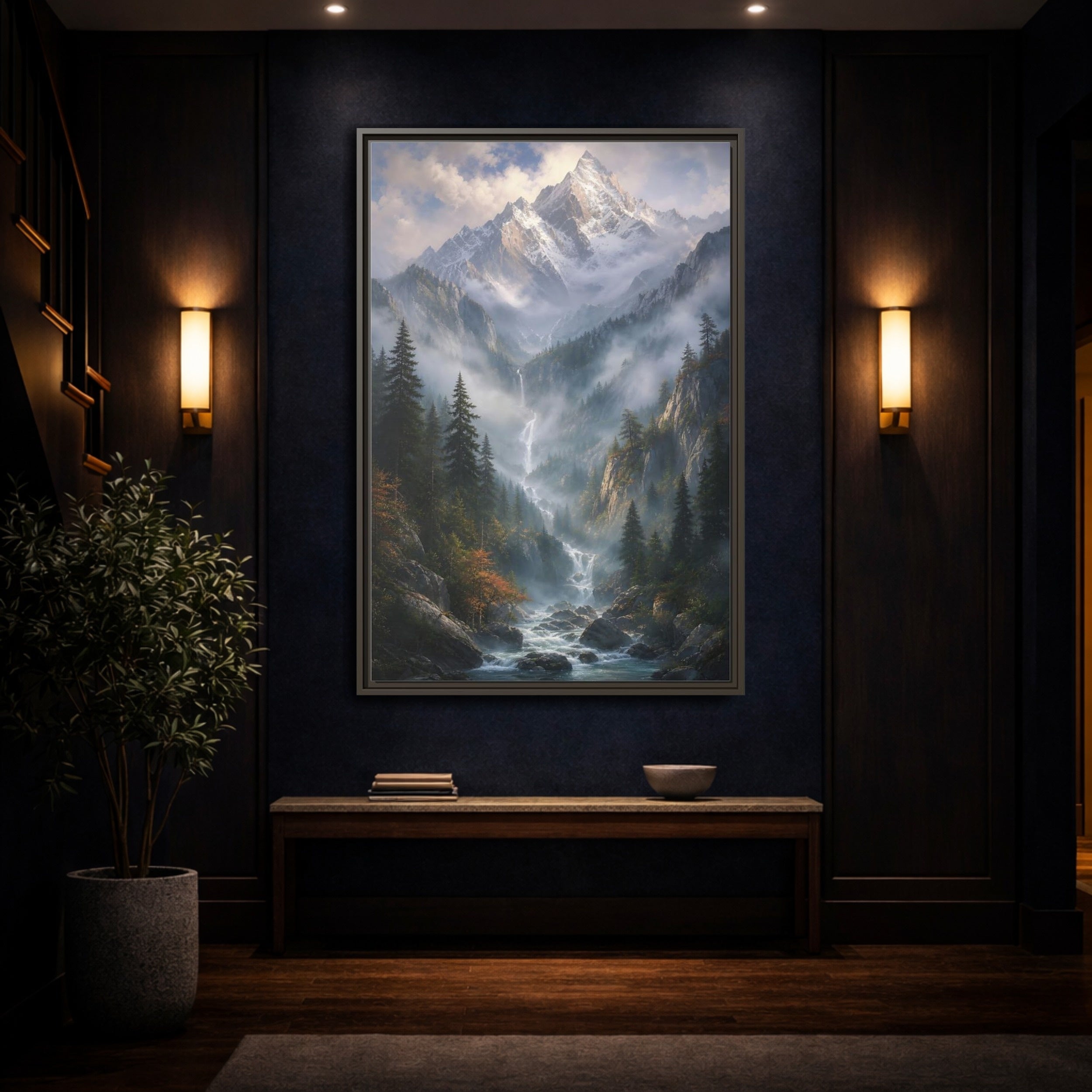 Mockup 4. Nature Mountain Valley Misty Mountain River shown as stretched canvas wall art