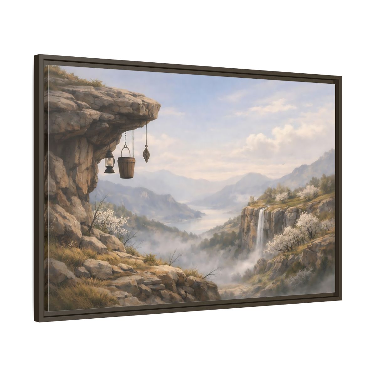 Main Mockup. Nature Mountain Valley Misty Mountain Valley shown as stretched canvas wall art
