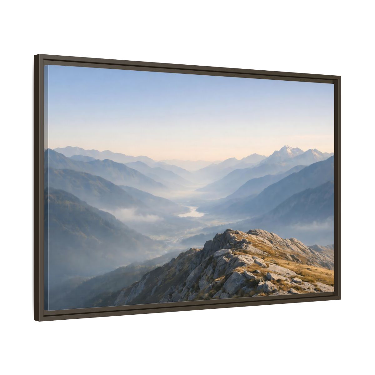 Main Mockup. Nature Mountain Valley Misty Mountain Valley shown as stretched canvas wall art