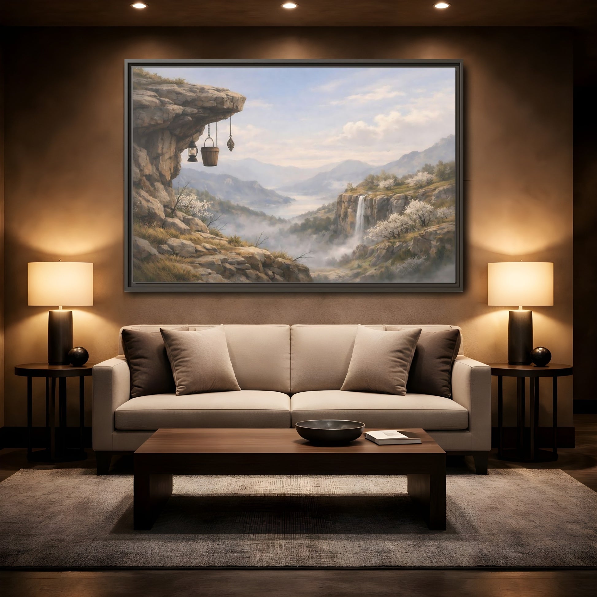 Mockup 2. Nature Mountain Valley Misty Mountain Valley shown as stretched canvas wall art