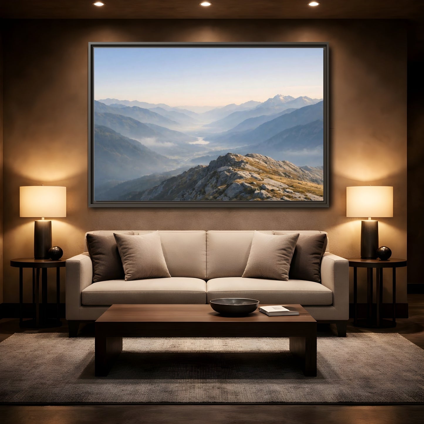Mockup 2. Nature Mountain Valley Misty Mountain Valley shown as stretched canvas wall art
