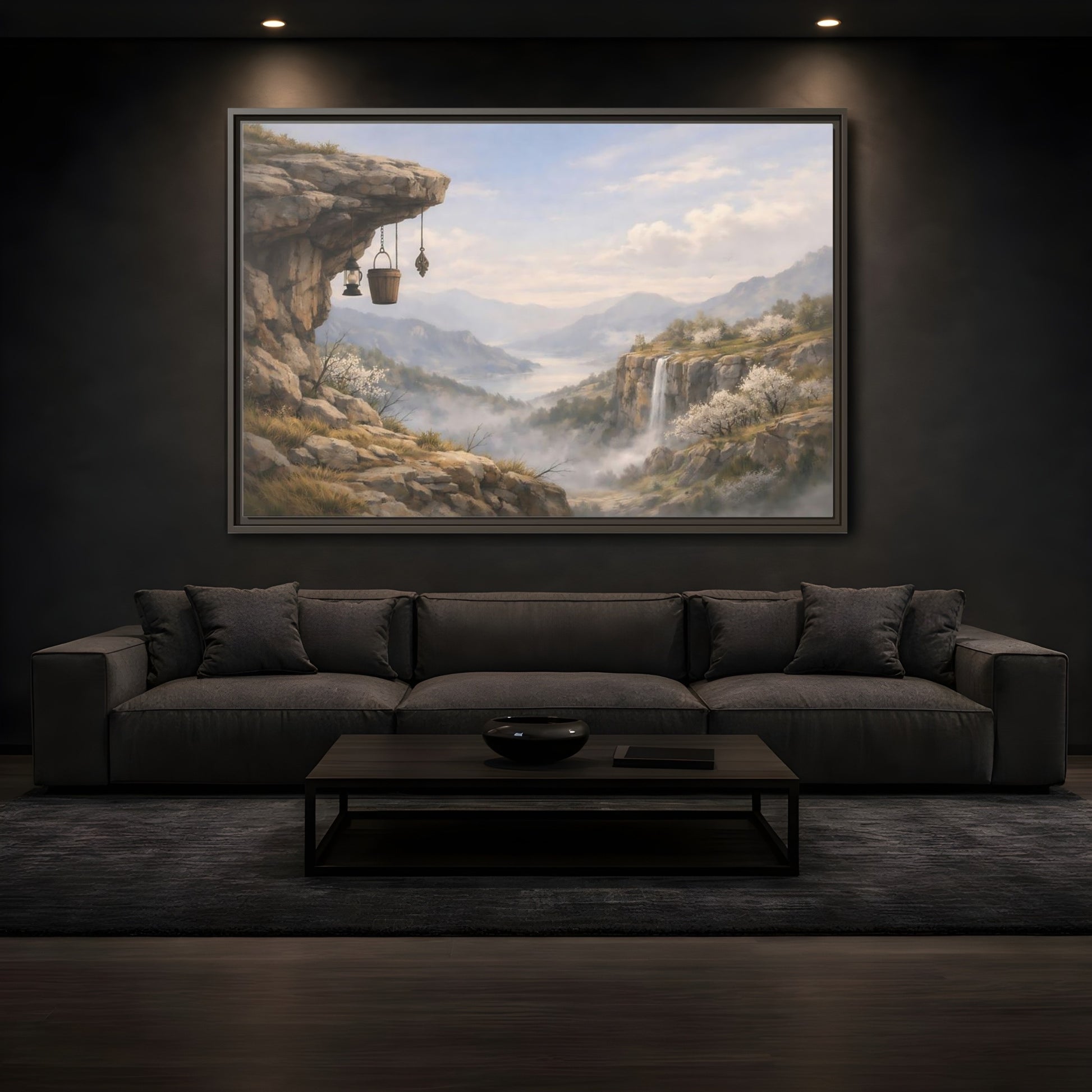 Mockup 3. Nature Mountain Valley Misty Mountain Valley shown as stretched canvas wall art