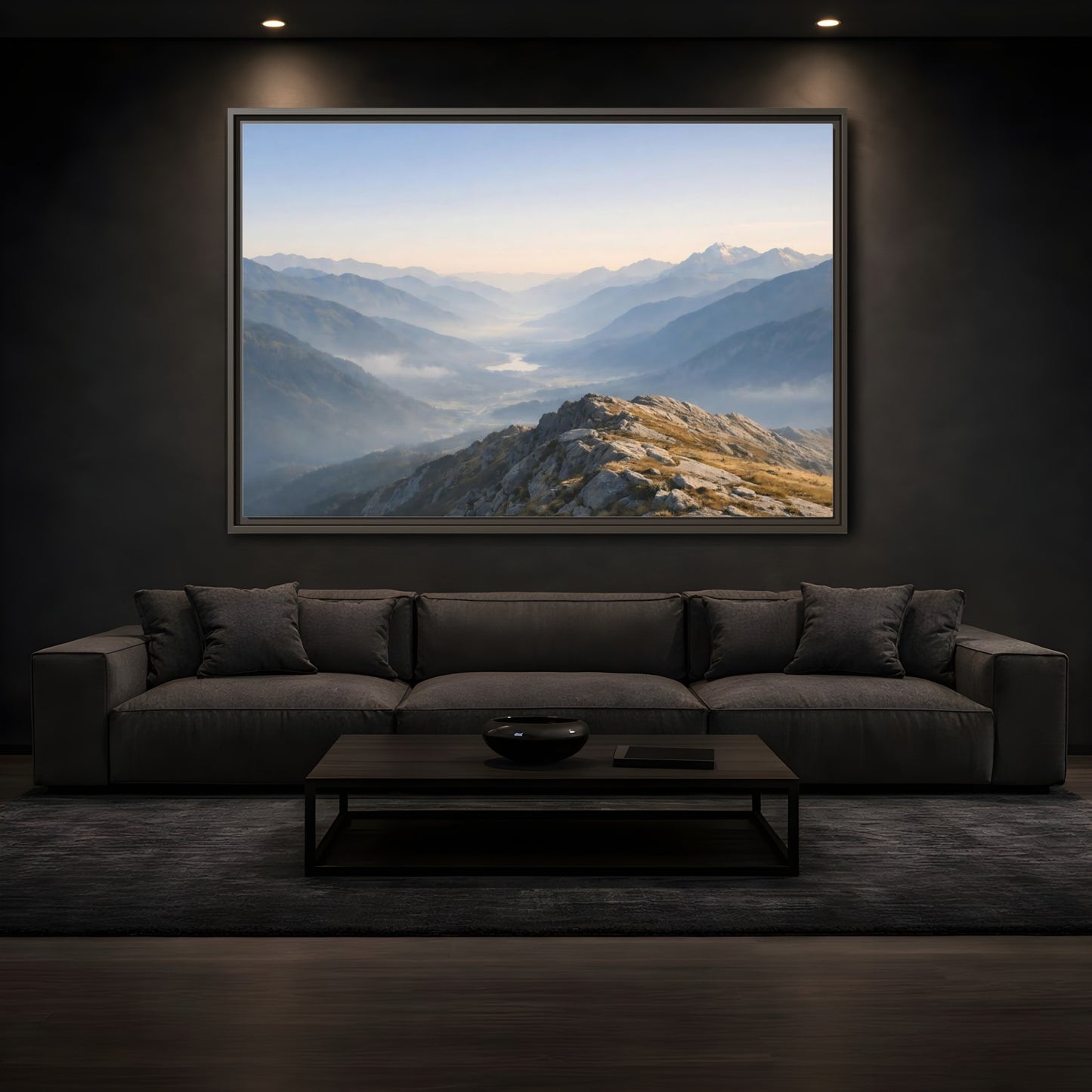 Mockup 3. Nature Mountain Valley Misty Mountain Valley shown as stretched canvas wall art