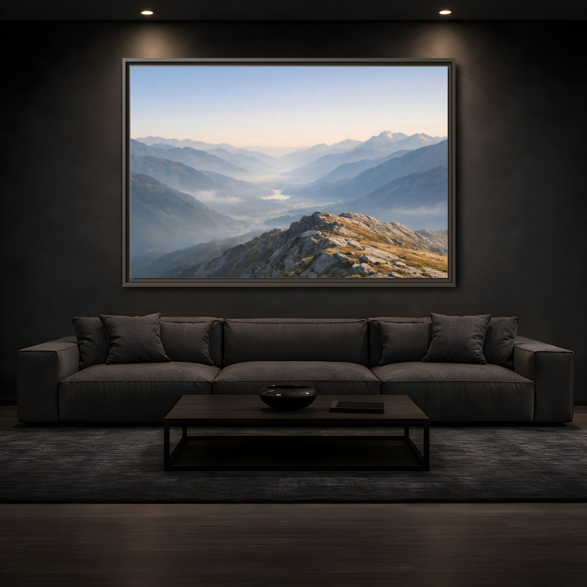 Mockup 3. Nature Mountain Valley Misty Mountain Valley shown as stretched canvas wall art