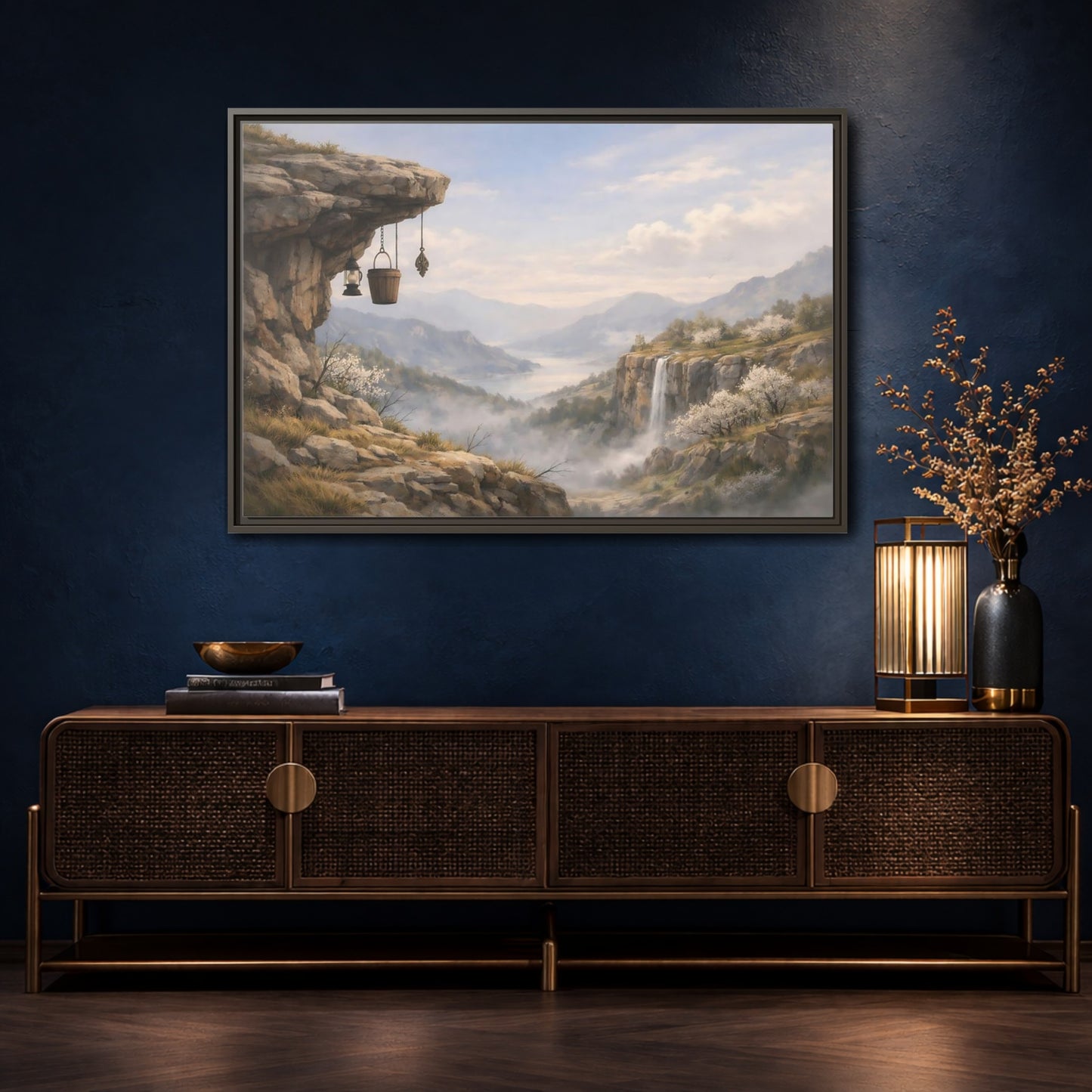 Mockup 4. Nature Mountain Valley Misty Mountain Valley shown as stretched canvas wall art