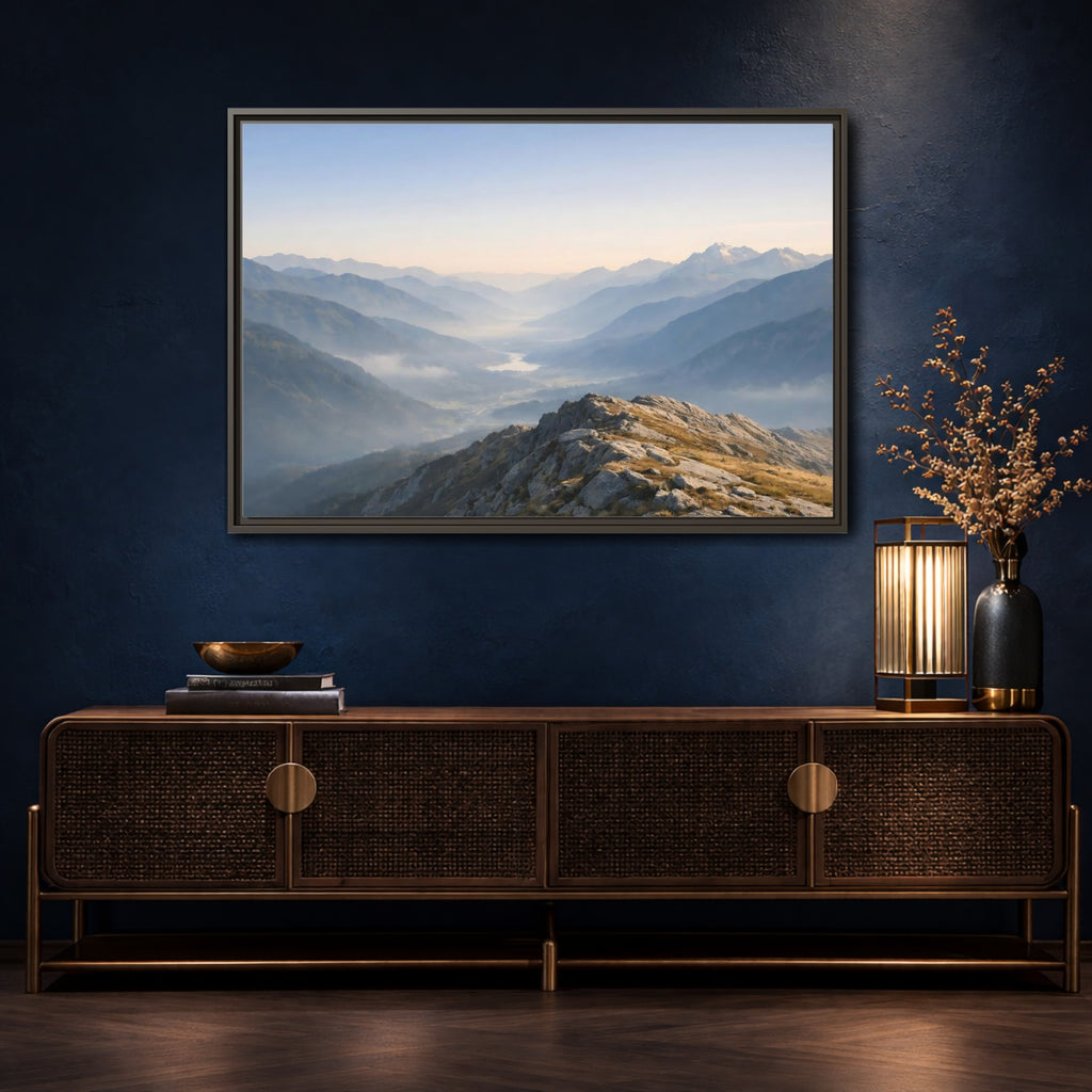 Mockup 4. Nature Mountain Valley Misty Mountain Valley shown as stretched canvas wall art