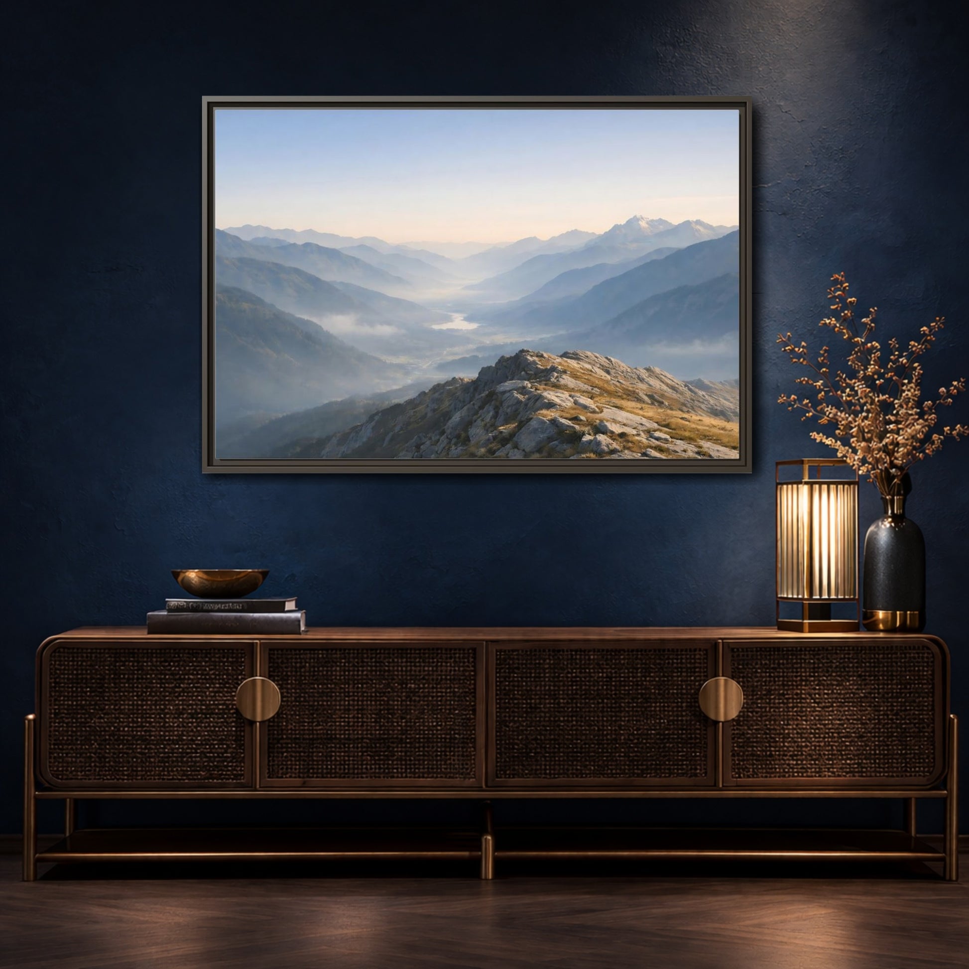 Mockup 4. Nature Mountain Valley Misty Mountain Valley shown as stretched canvas wall art