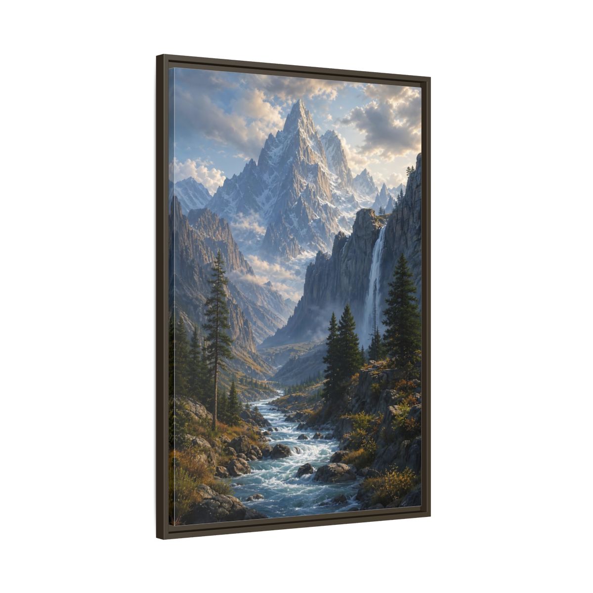 Nature Mountain Valley River Framed Canvas Wall Art - Realistic Living Room, Above Sofa shown as canvas wall art