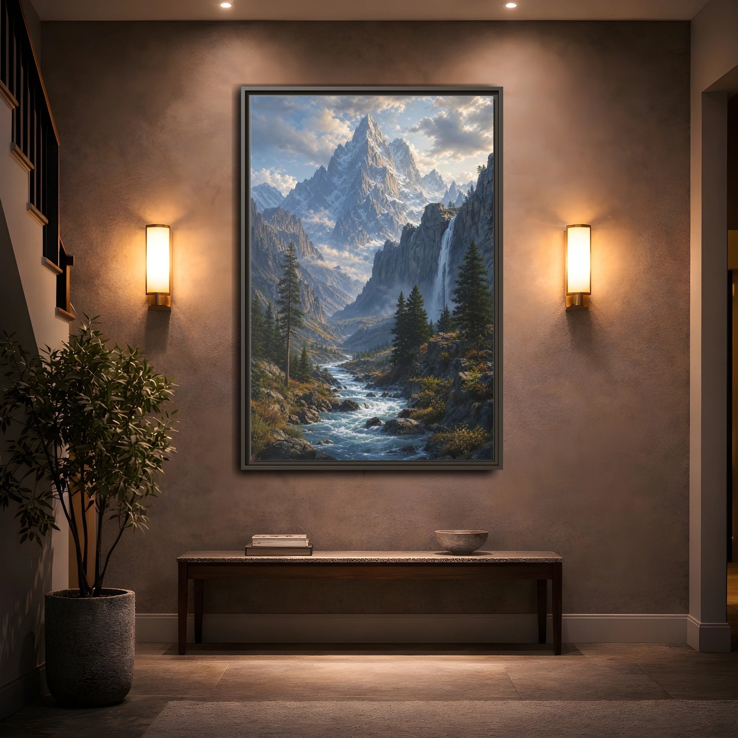 Nature Mountain Valley River Framed Canvas Wall Art - Realistic Living Room, Above Sofa shown as canvas wall art