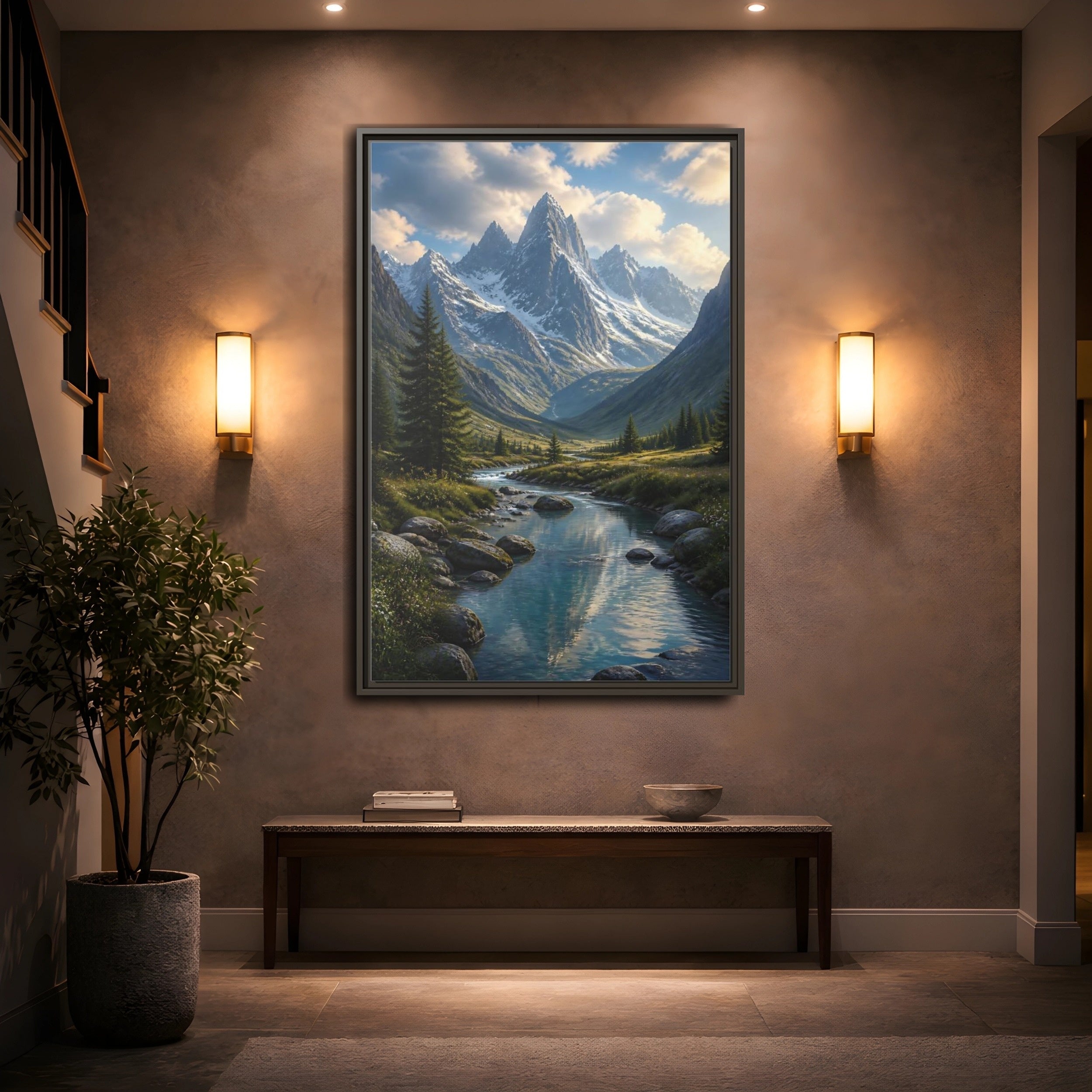 Mockup 2. Nature Mountain Valley Mountain River Valley shown as stretched canvas wall art