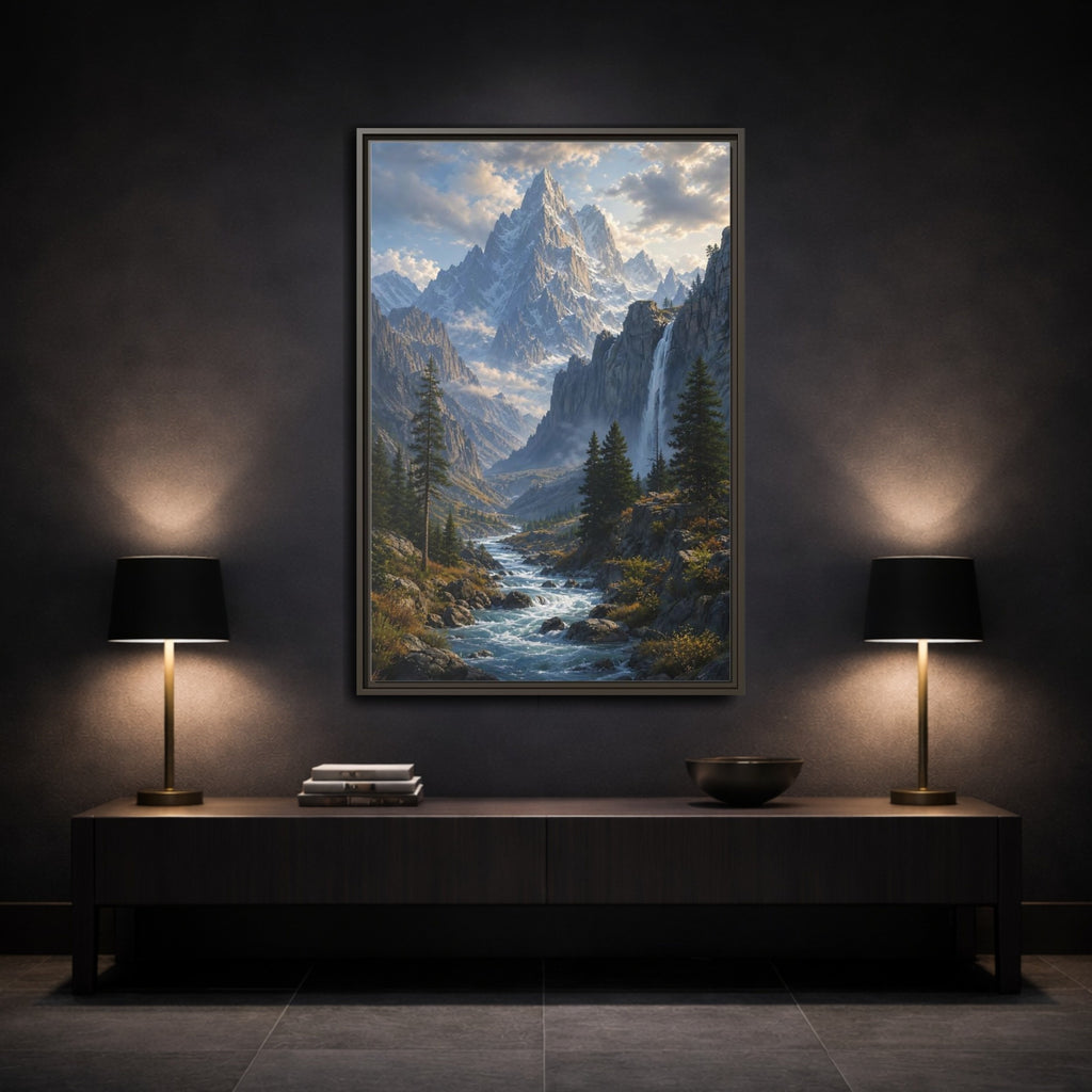 Mockup 3. Nature Mountain Valley Mountain River Valley shown as stretched canvas wall art