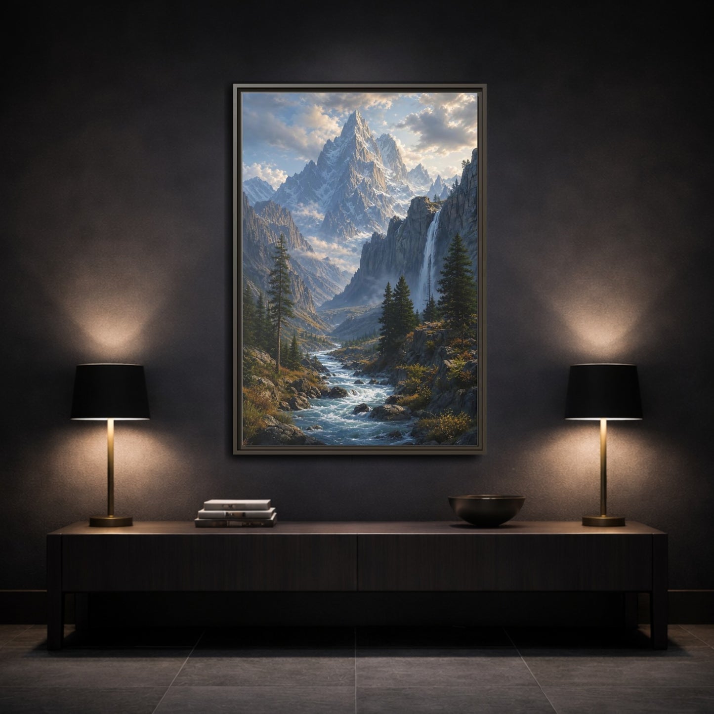Nature Mountain Valley River Framed Canvas Wall Art - Realistic Living Room, Above Sofa shown as canvas wall art
