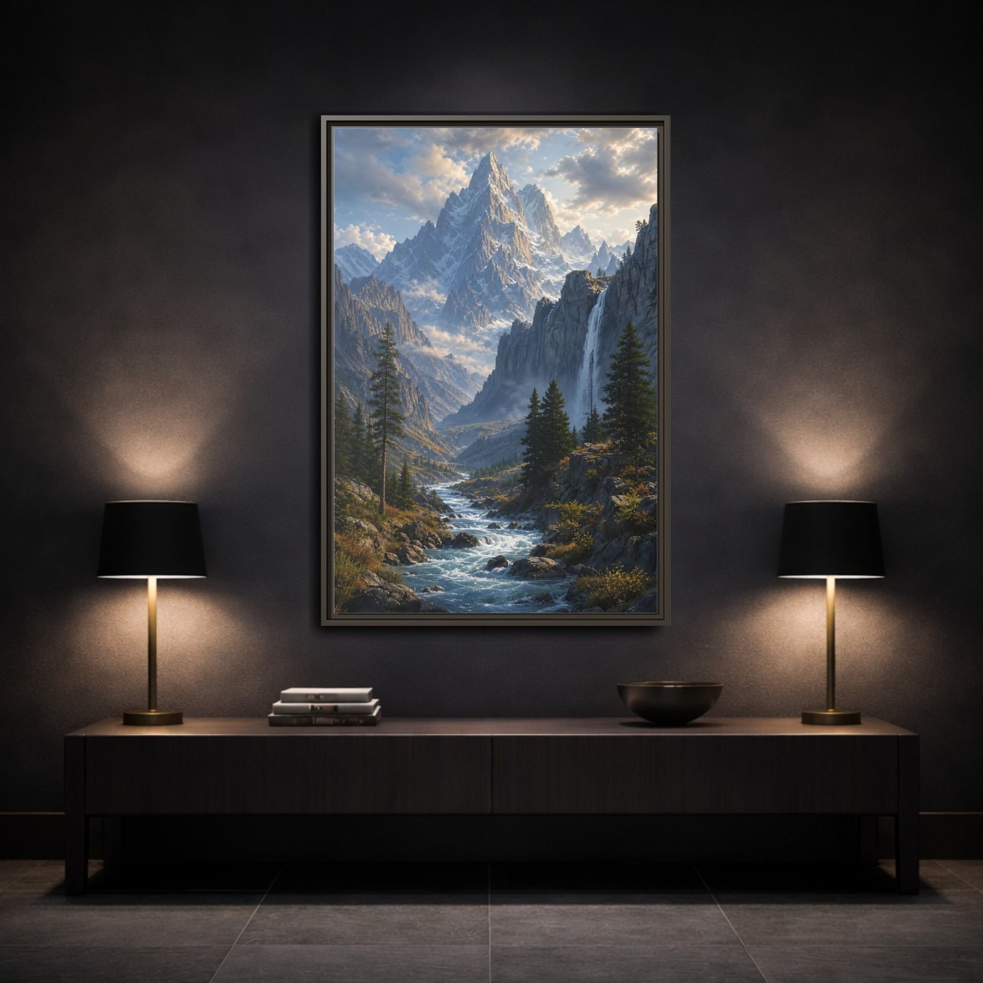 Nature Mountain Valley River Framed Canvas Wall Art - Realistic Living Room, Above Sofa shown as canvas wall art