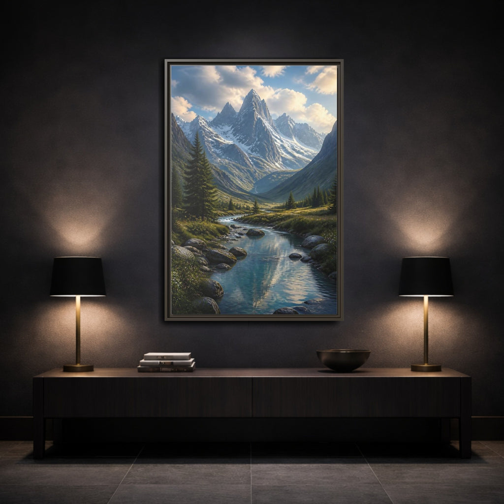 Mockup 3. Nature Mountain Valley Mountain River Valley shown as stretched canvas wall art