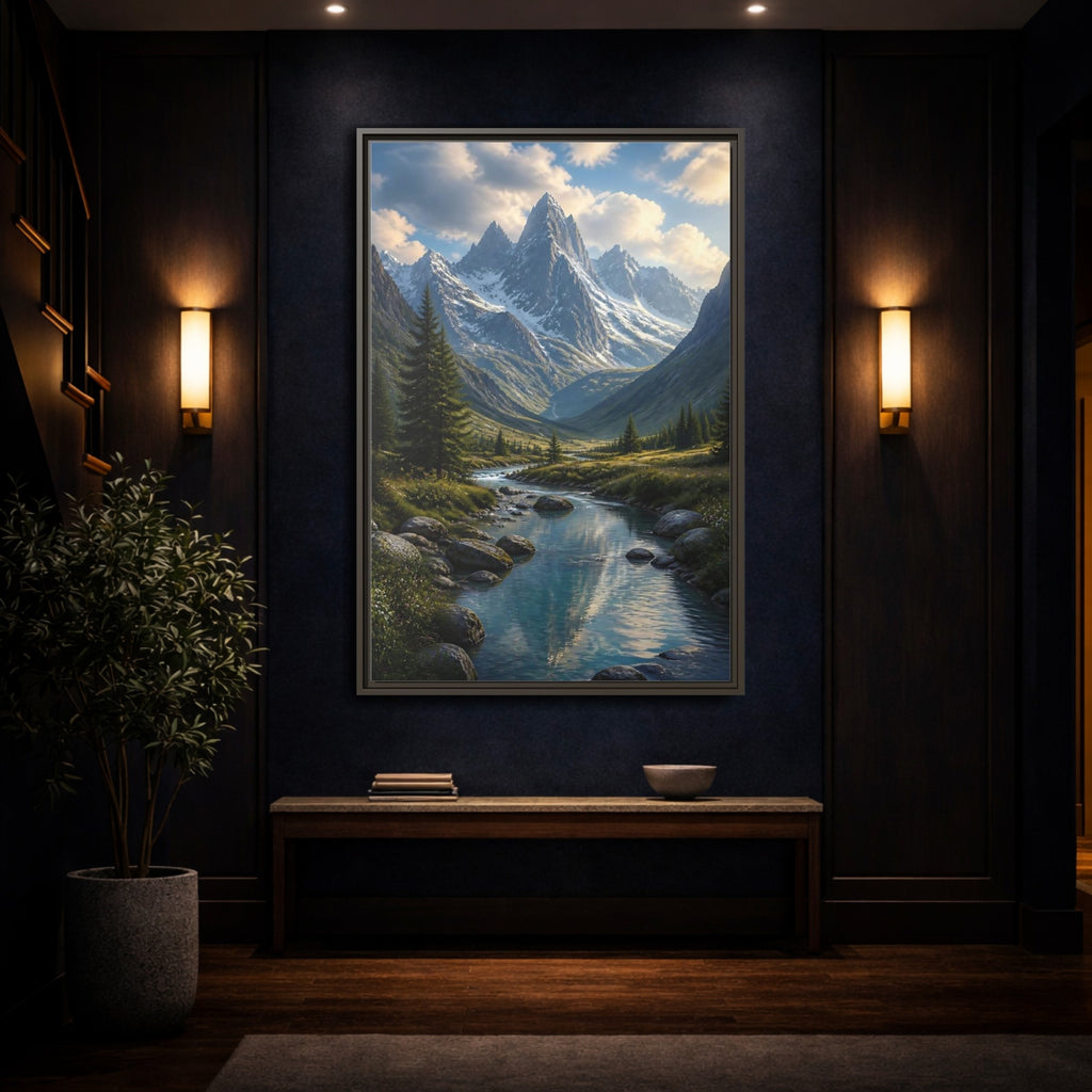 Mockup 4. Nature Mountain Valley Mountain River Valley shown as stretched canvas wall art