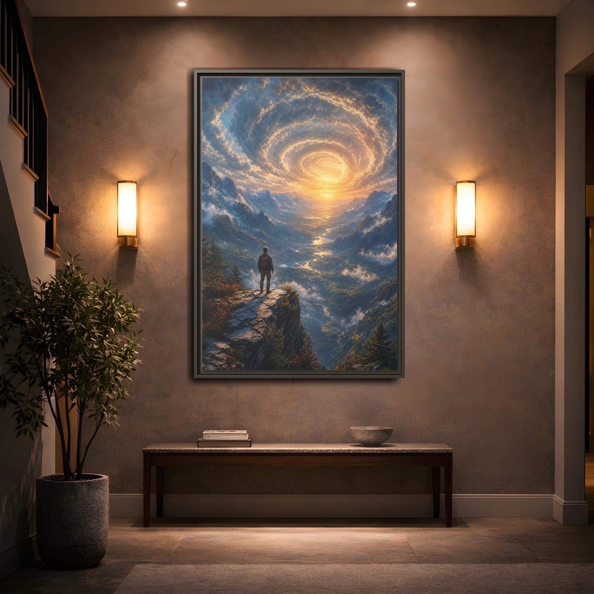 Mockup 2. Nature Mountain Valley Mountain Sunset shown as stretched canvas wall art