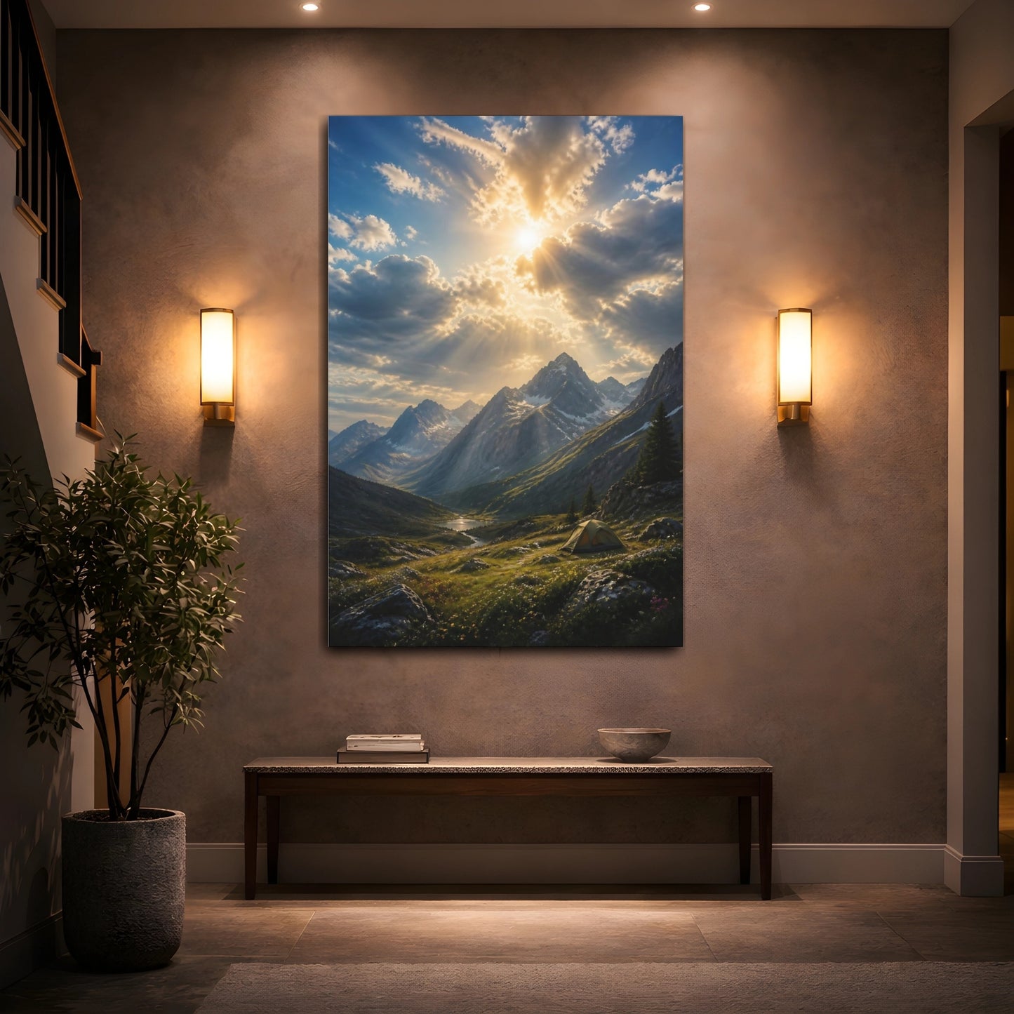 Mockup 2. Nature Mountain Valley Mountain Sunset shown as stretched canvas wall art