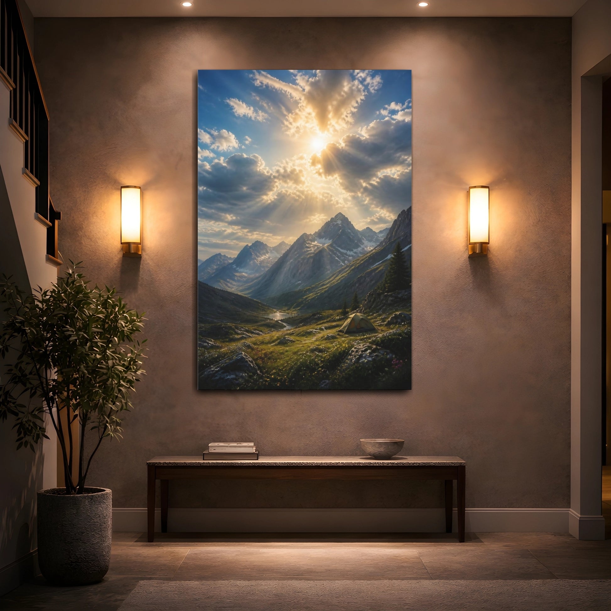 Mockup 2. Nature Mountain Valley Mountain Sunset shown as stretched canvas wall art
