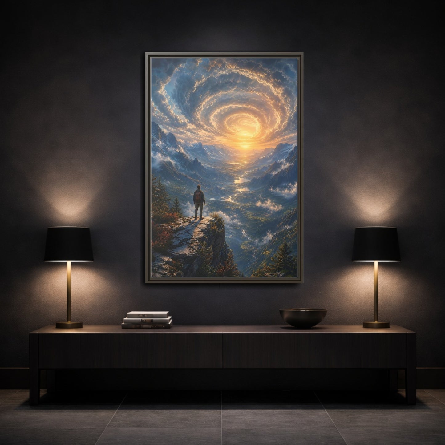 Mockup 3. Nature Mountain Valley Mountain Sunset shown as stretched canvas wall art