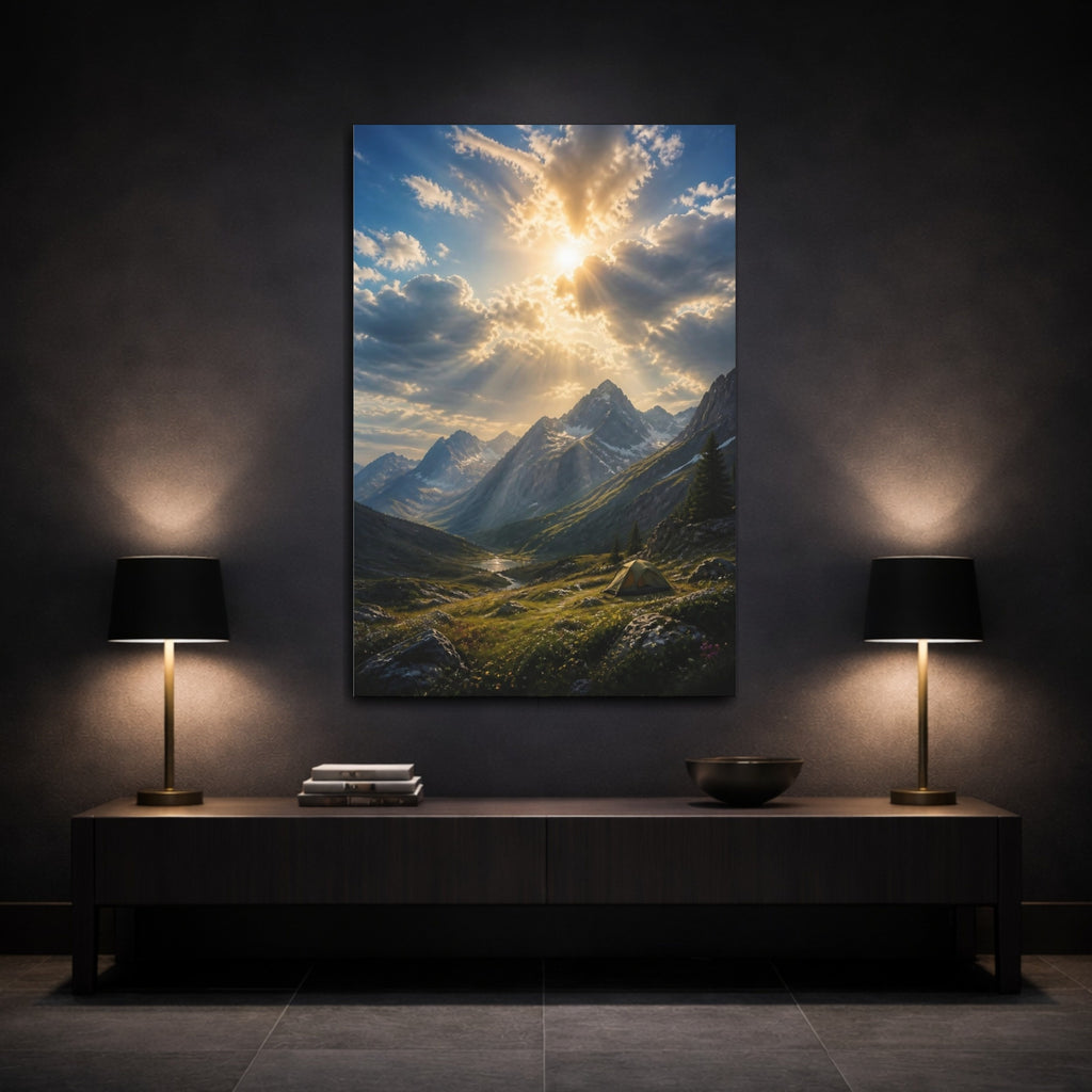 Mockup 3. Nature Mountain Valley Mountain Sunset shown as stretched canvas wall art