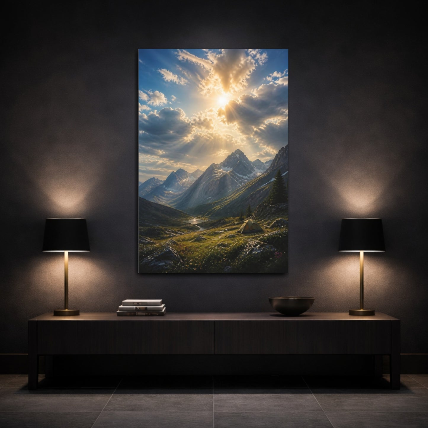 Mockup 3. Nature Mountain Valley Mountain Sunset shown as stretched canvas wall art