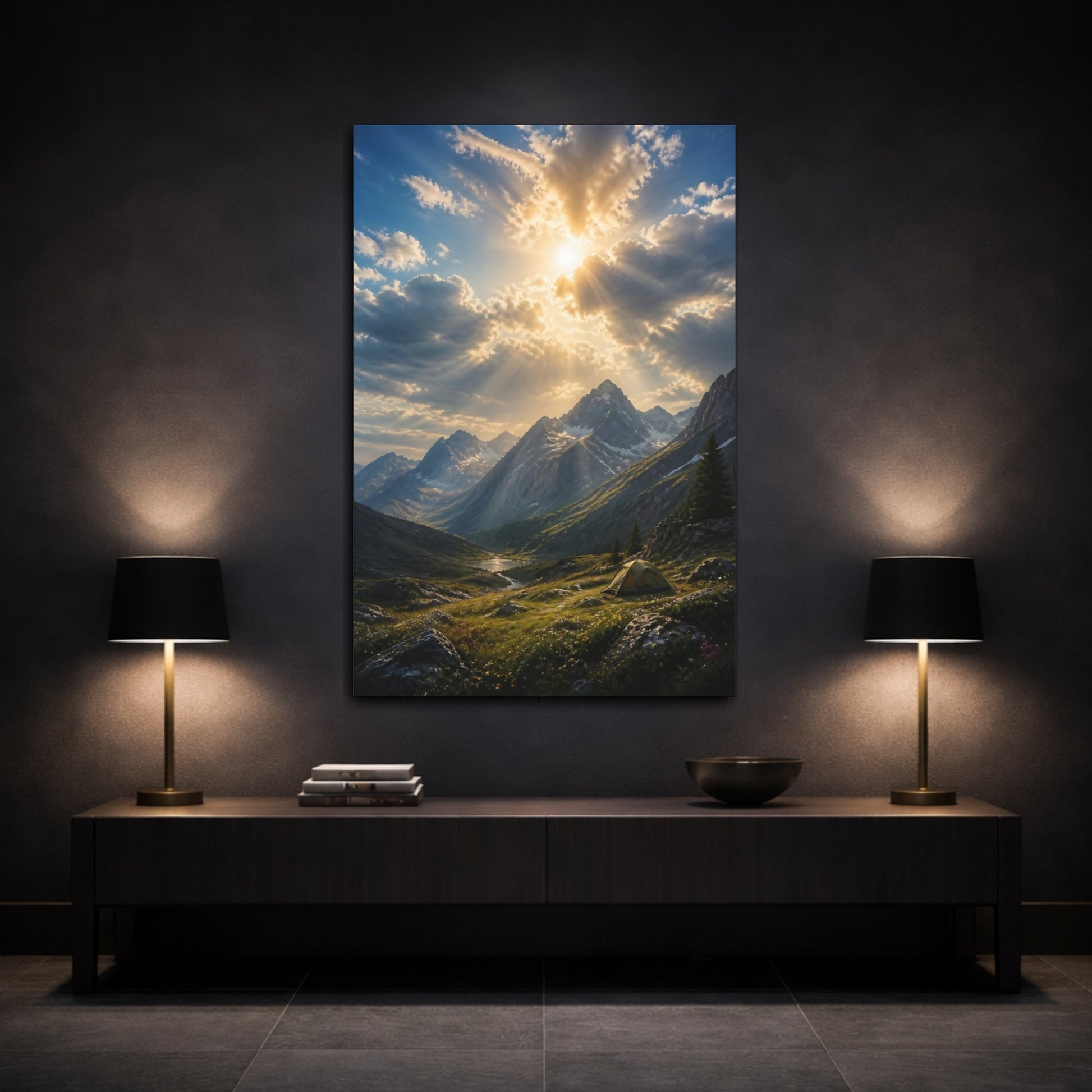 Mockup 3. Nature Mountain Valley Mountain Sunset shown as stretched canvas wall art