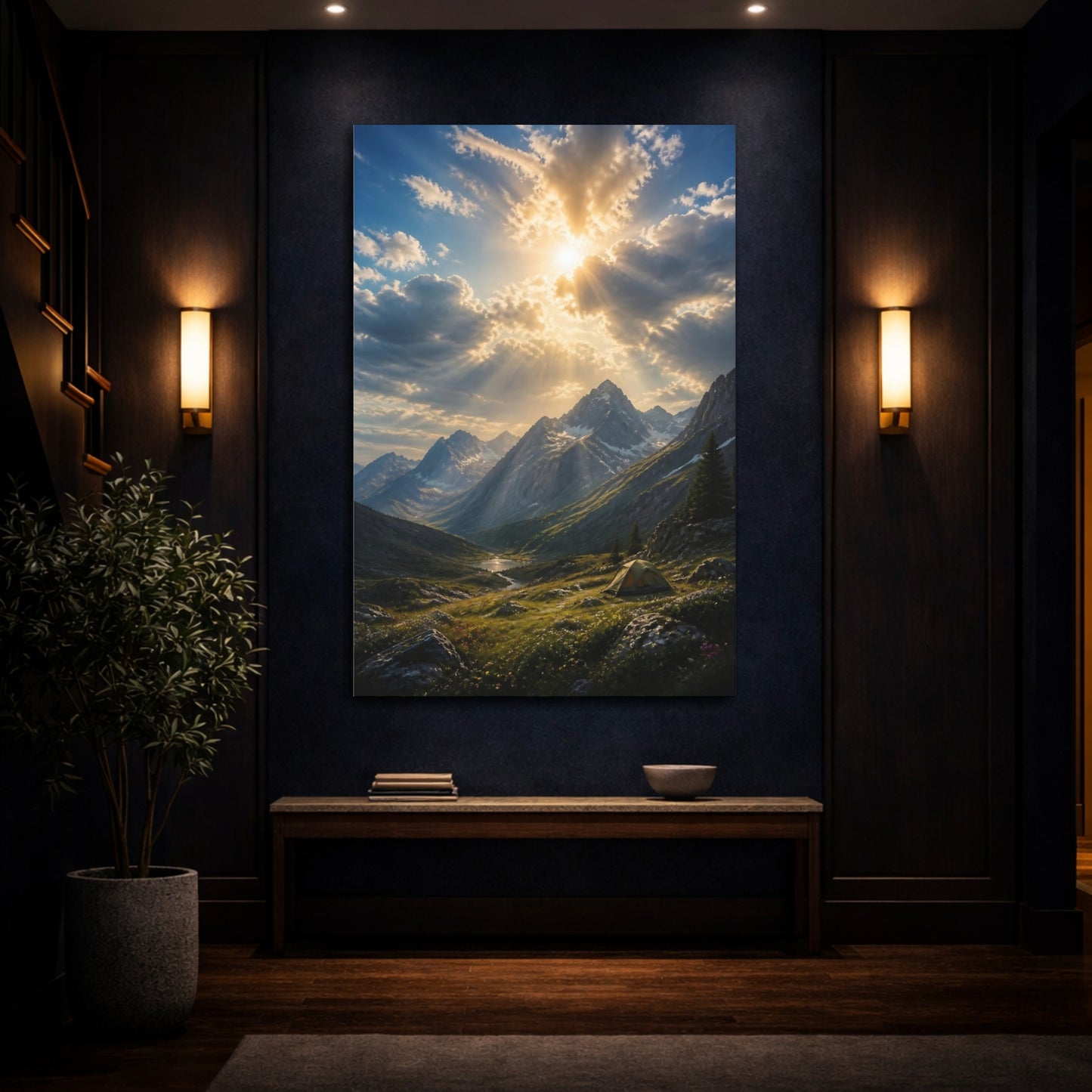 Mockup 4. Nature Mountain Valley Mountain Sunset shown as stretched canvas wall art