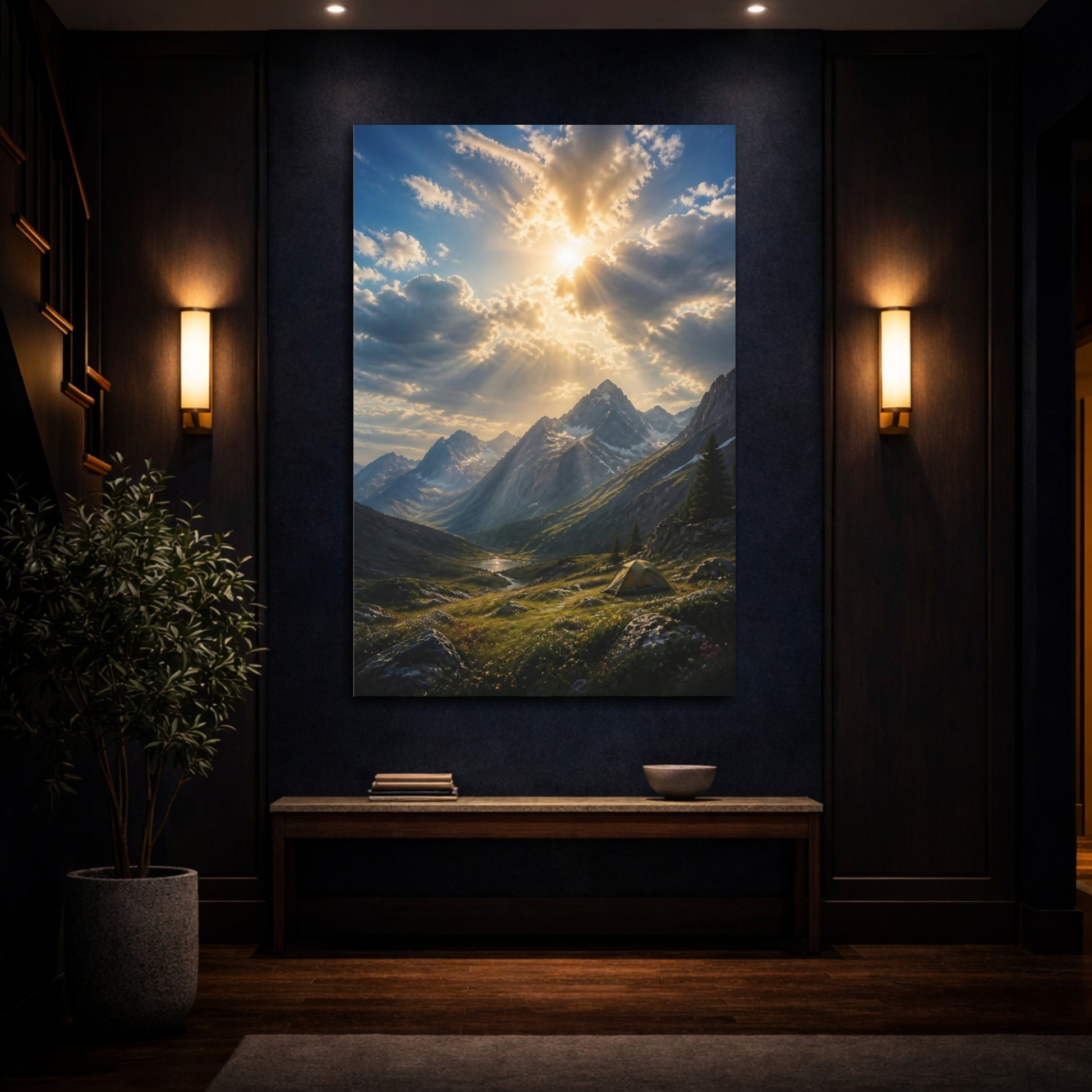 Mockup 4. Nature Mountain Valley Mountain Sunset shown as stretched canvas wall art