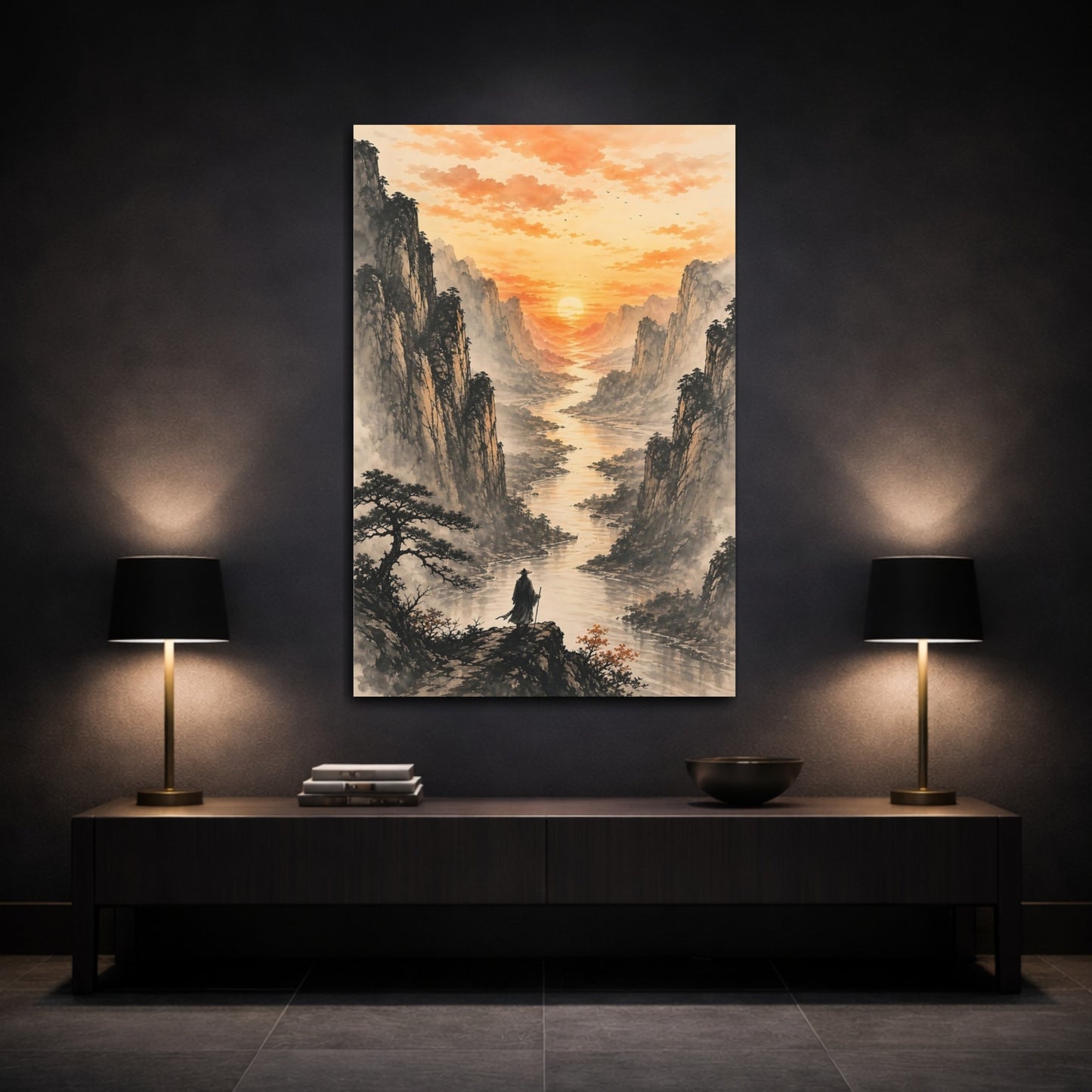 Mockup 3. Nature Mountain Valley Orange Mountain Landscape shown as stretched canvas wall art