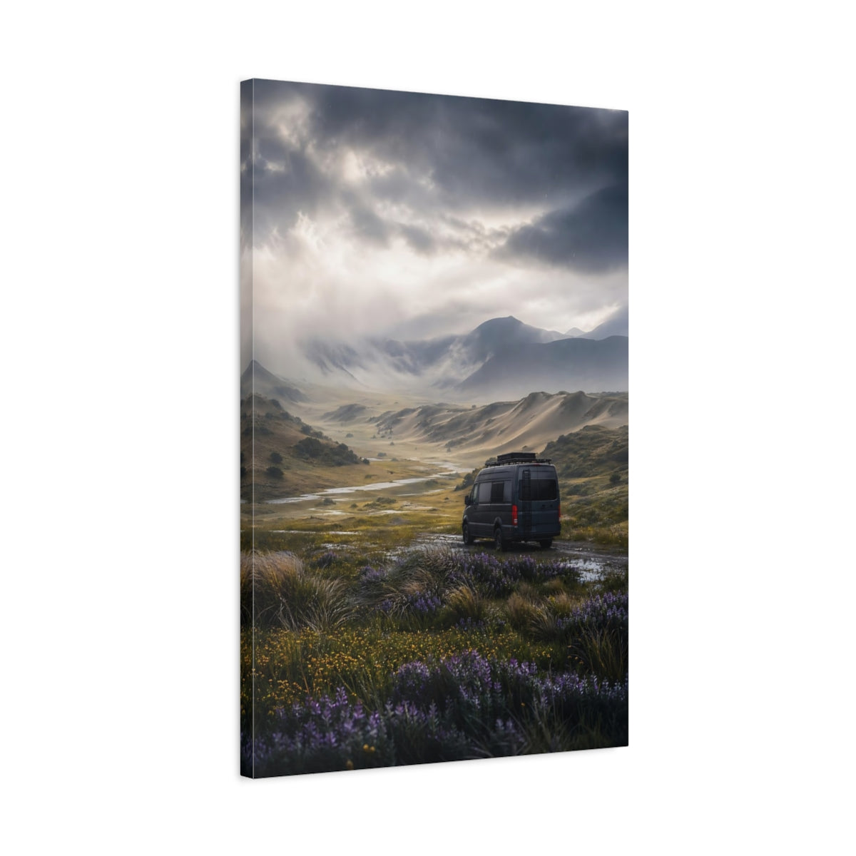 Side Mockup 2. Nature Mountain Valley Rainy Mountain Valley shown as stretched canvas wall art