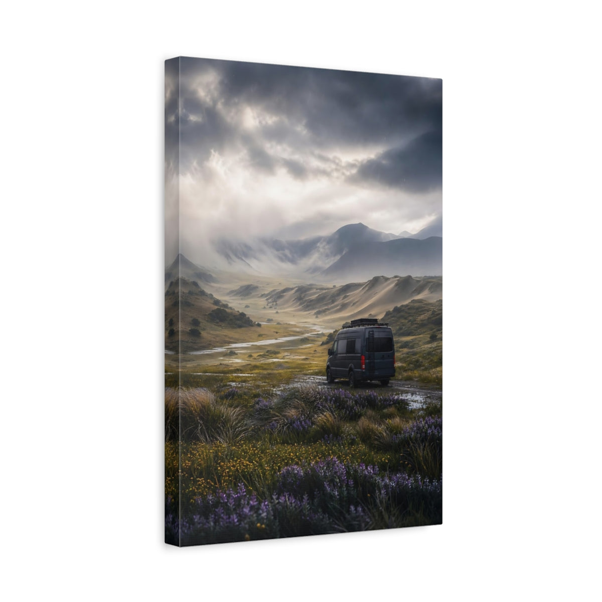 Side Mockup 4. Nature Mountain Valley Rainy Mountain Valley shown as stretched canvas wall art