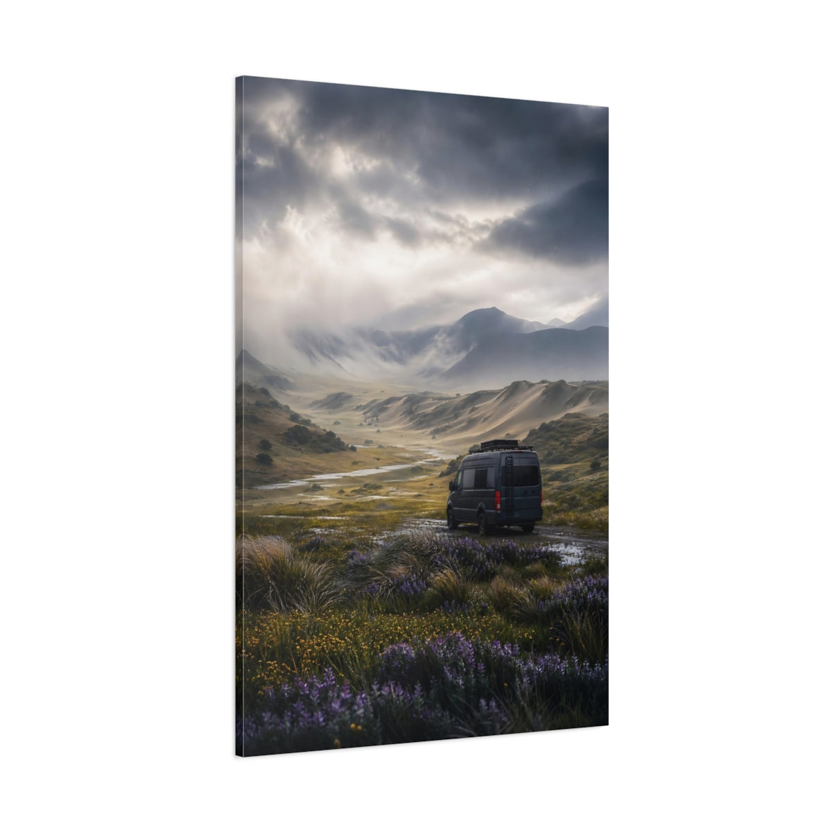 Side Mockup 1. Nature Mountain Valley Rainy Mountain Valley shown as stretched canvas wall art