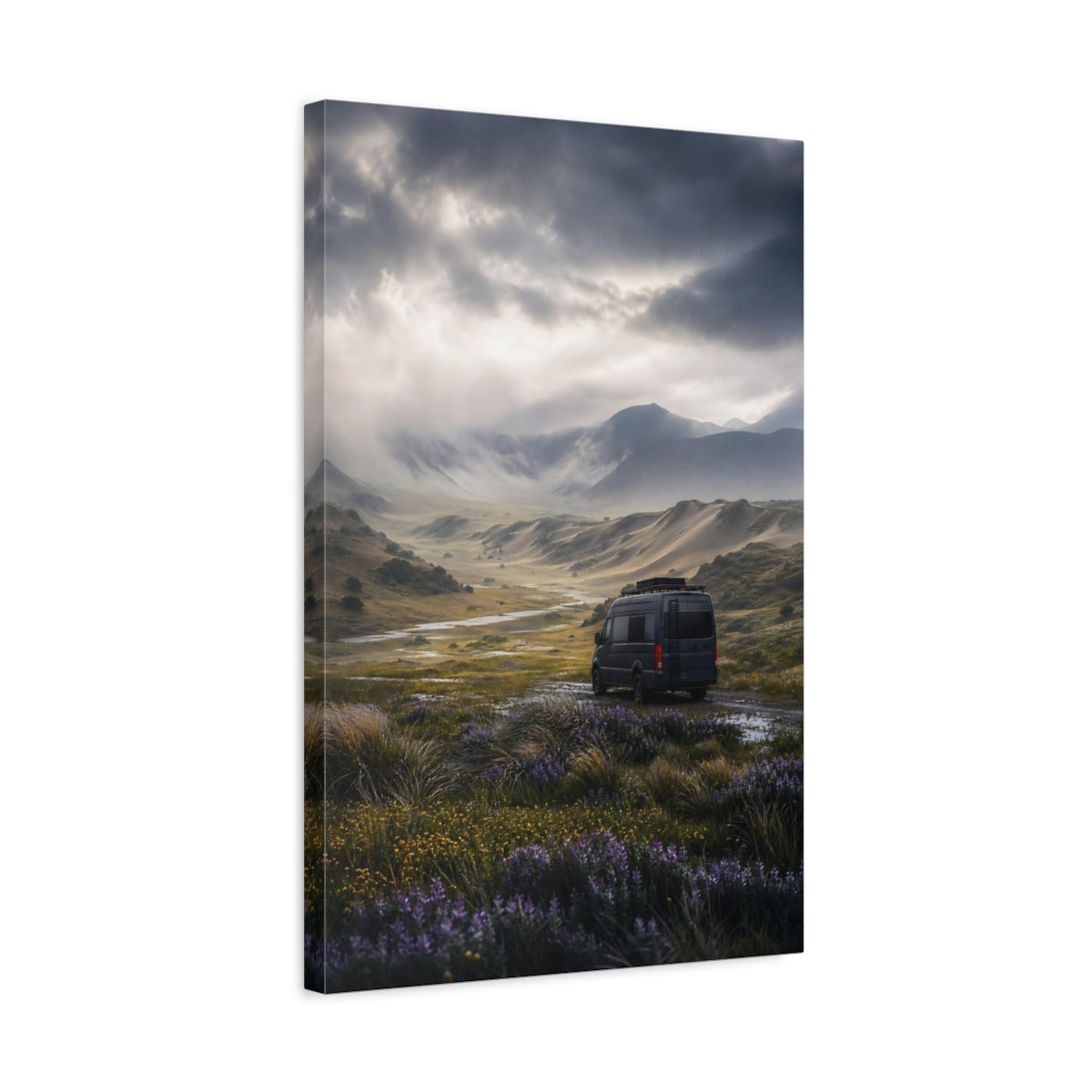 Side Mockup 3. Nature Mountain Valley Rainy Mountain Valley shown as stretched canvas wall art
