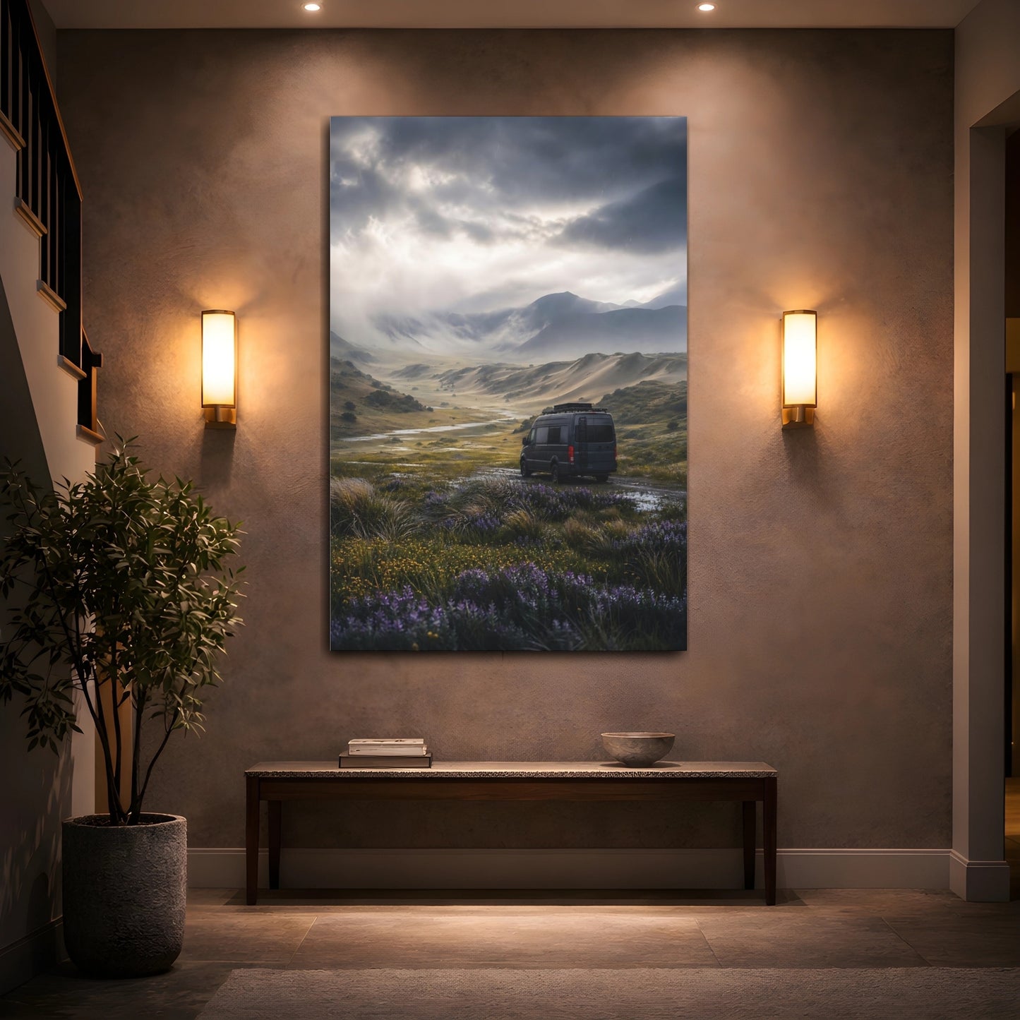 Mockup 2. Nature Mountain Valley Rainy Mountain Valley shown as stretched canvas wall art