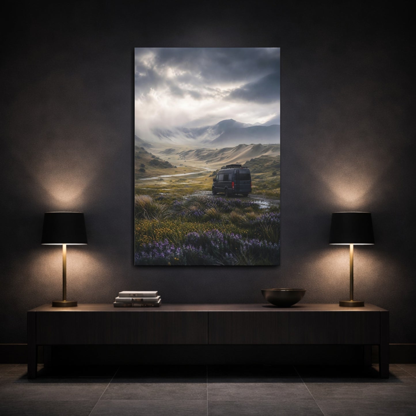 Mockup 3. Nature Mountain Valley Rainy Mountain Valley shown as stretched canvas wall art
