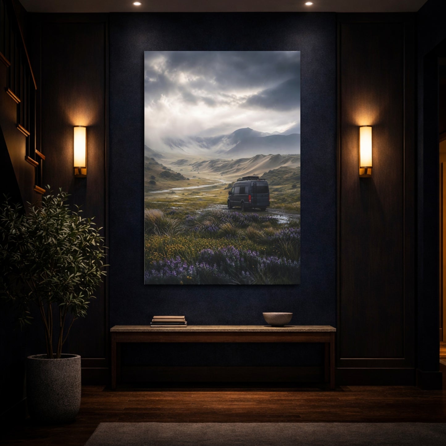 Mockup 4. Nature Mountain Valley Rainy Mountain Valley shown as stretched canvas wall art