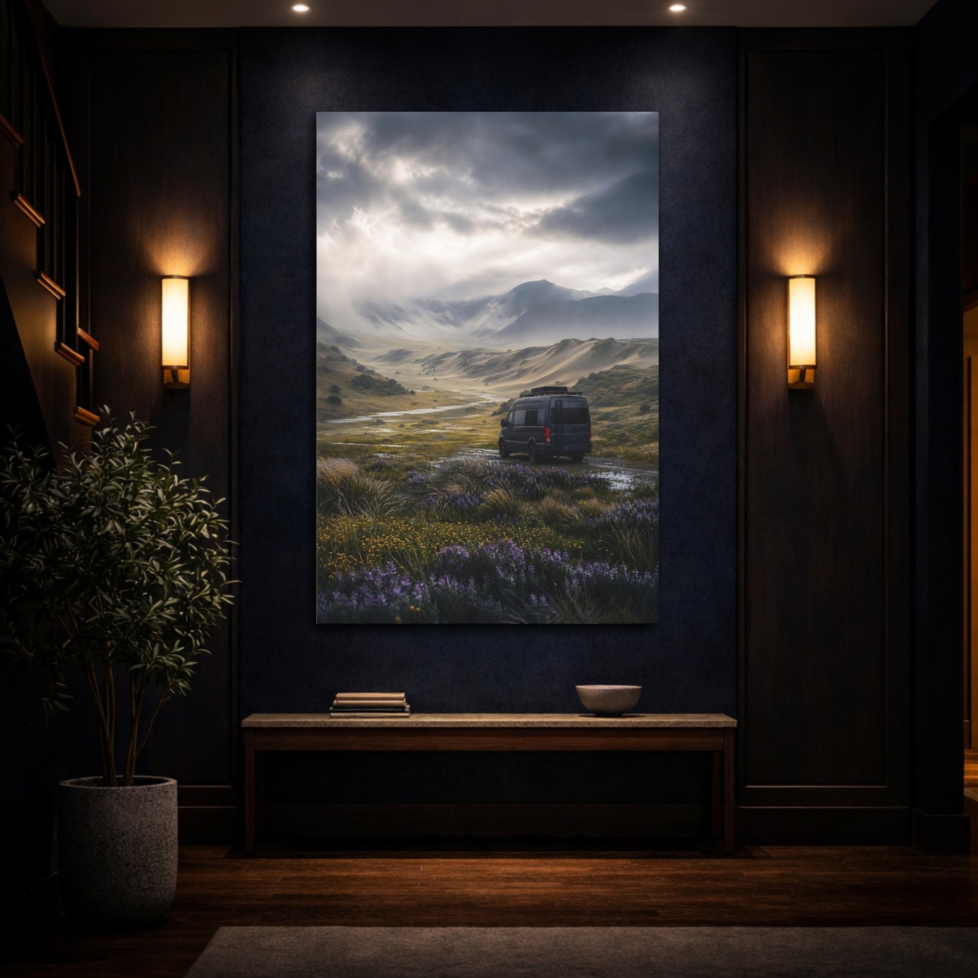 Mockup 4. Nature Mountain Valley Rainy Mountain Valley shown as stretched canvas wall art