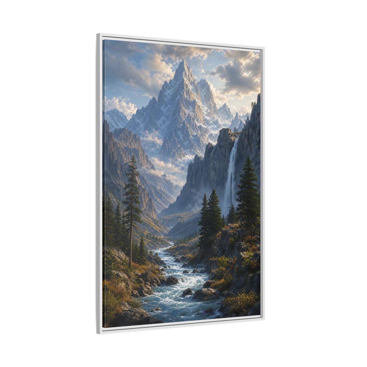 Nature Mountain Valley River Framed Canvas Wall Art - Realistic Living Room, Above Sofa shown as canvas wall art
