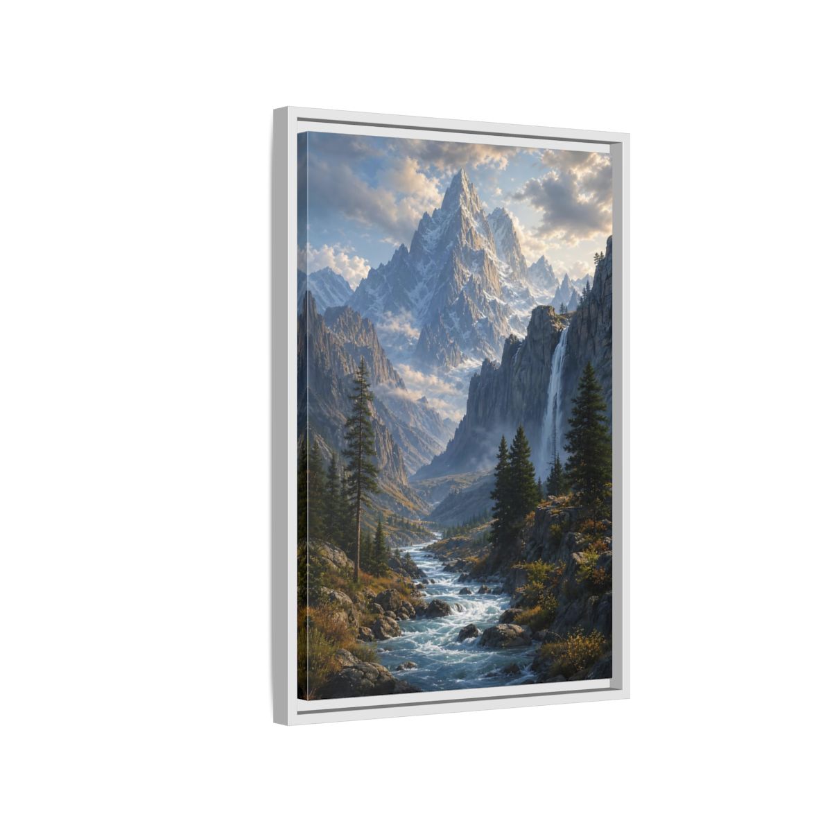 Nature Mountain Valley River Framed Canvas Wall Art - Realistic Living Room, Above Sofa shown as canvas wall art