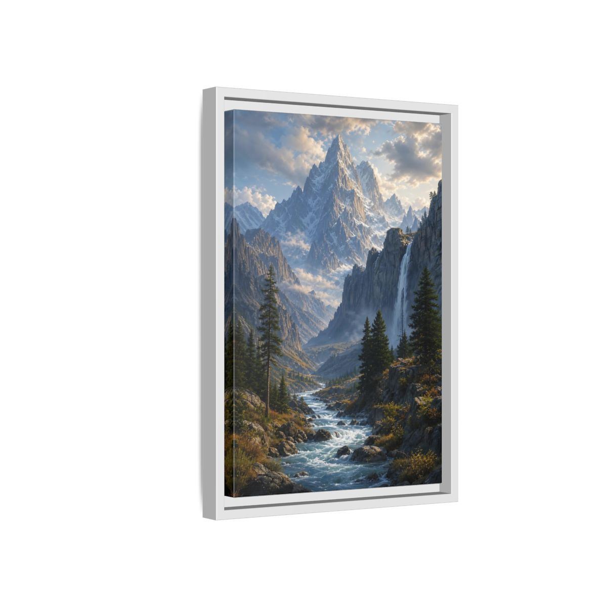 Nature Mountain Valley River Framed Canvas Wall Art - Realistic Living Room, Above Sofa shown as canvas wall art