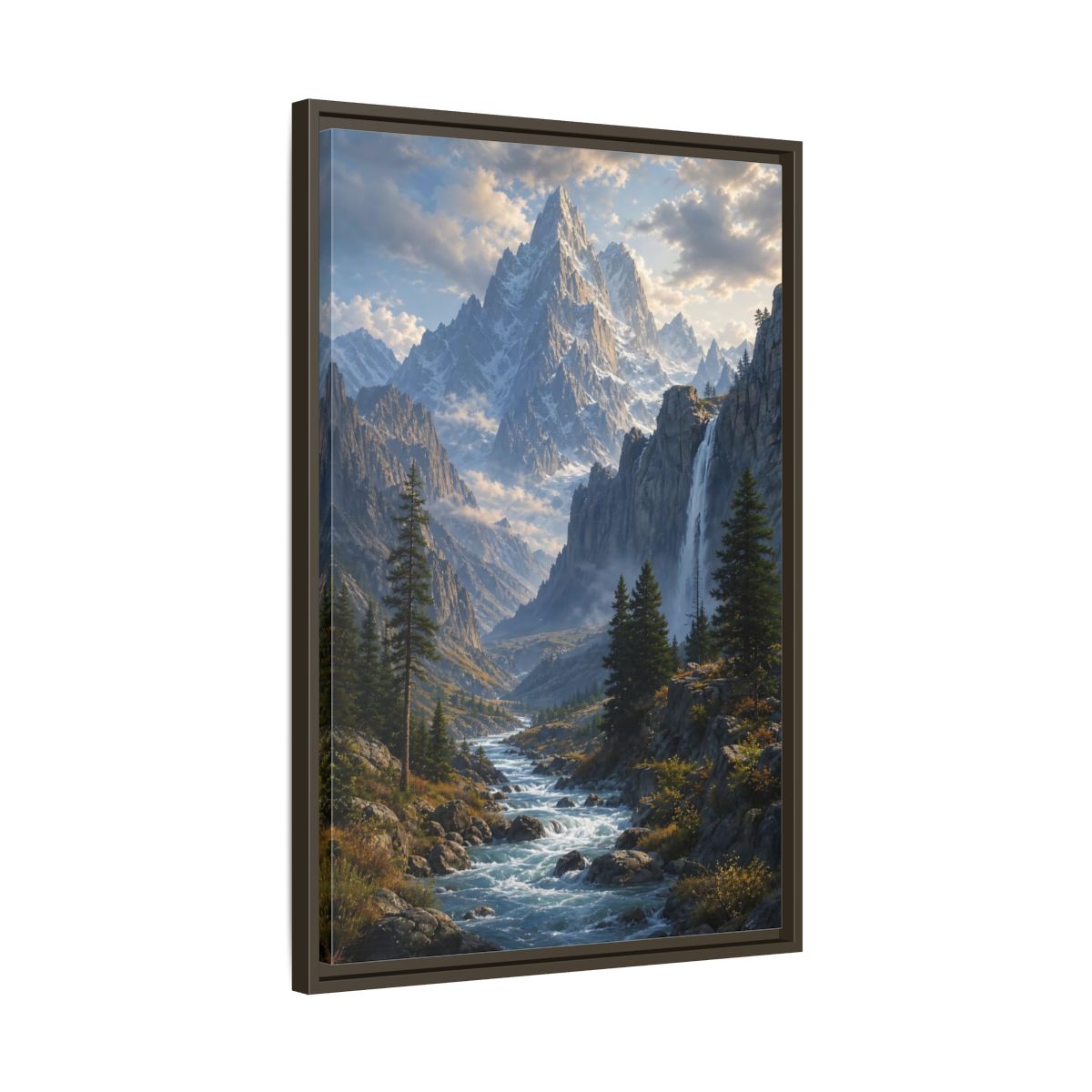 Nature Mountain Valley River Framed Canvas Wall Art - Realistic Living Room, Above Sofa shown as canvas wall art
