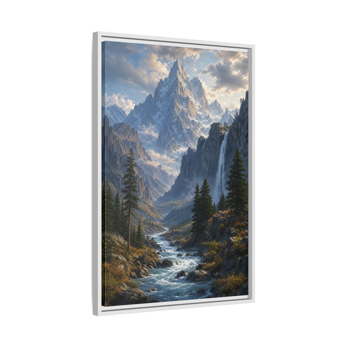 Nature Mountain Valley River Framed Canvas Wall Art - Realistic Living Room, Above Sofa shown as canvas wall art