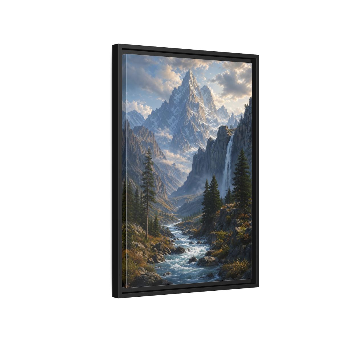 Nature Mountain Valley River Framed Canvas Wall Art - Realistic Living Room, Above Sofa shown as canvas wall art