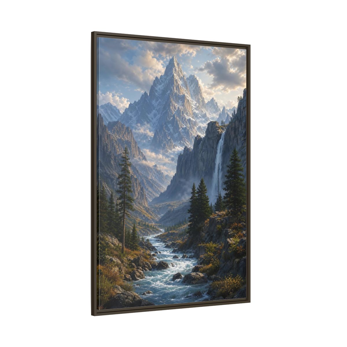 Nature Mountain Valley River Framed Canvas Wall Art - Realistic Living Room, Above Sofa shown as canvas wall art