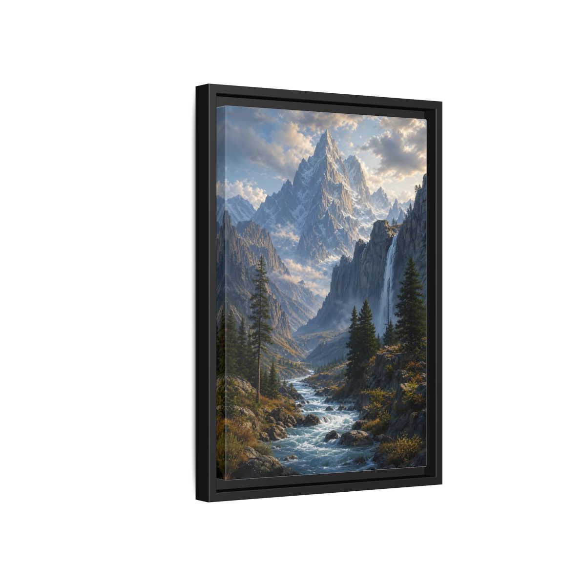 Nature Mountain Valley River Framed Canvas Wall Art - Realistic Living Room, Above Sofa shown as canvas wall art