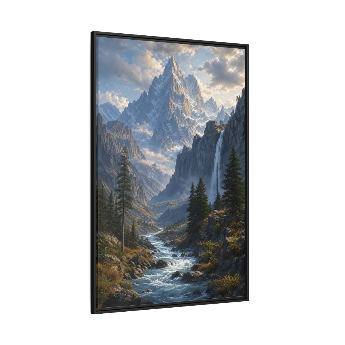 Nature Mountain Valley River Framed Canvas Wall Art - Realistic Living Room, Above Sofa shown as canvas wall art