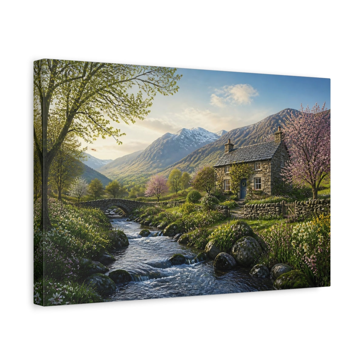 Side Mockup 4. Nature Mountain Valley Spring Mountain Valley shown as stretched canvas wall art
