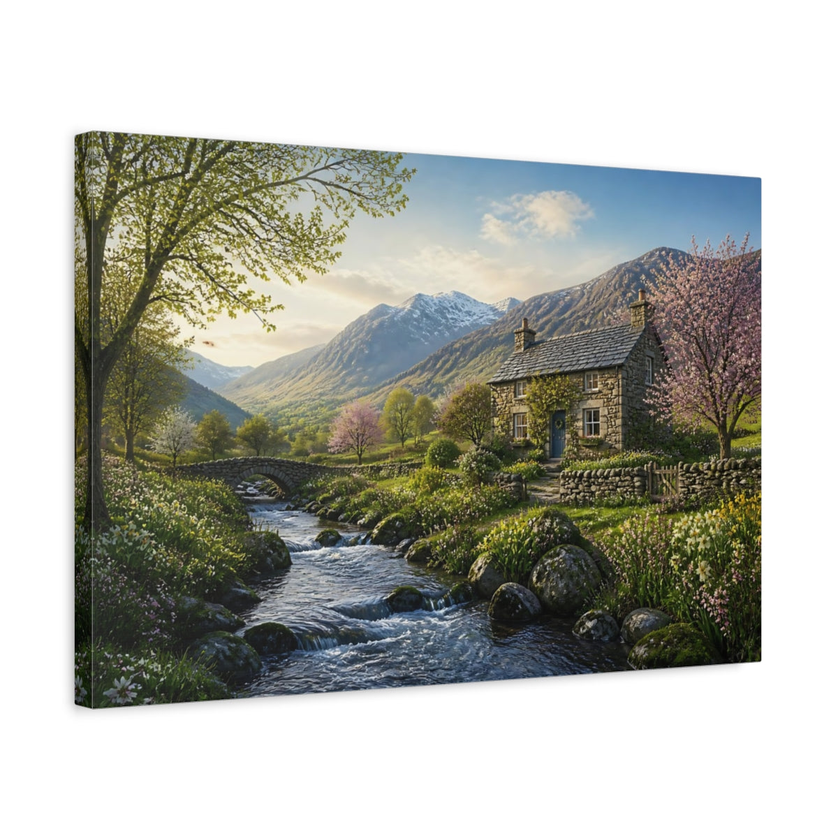 Side Mockup 3. Nature Mountain Valley Spring Mountain Valley shown as stretched canvas wall art
